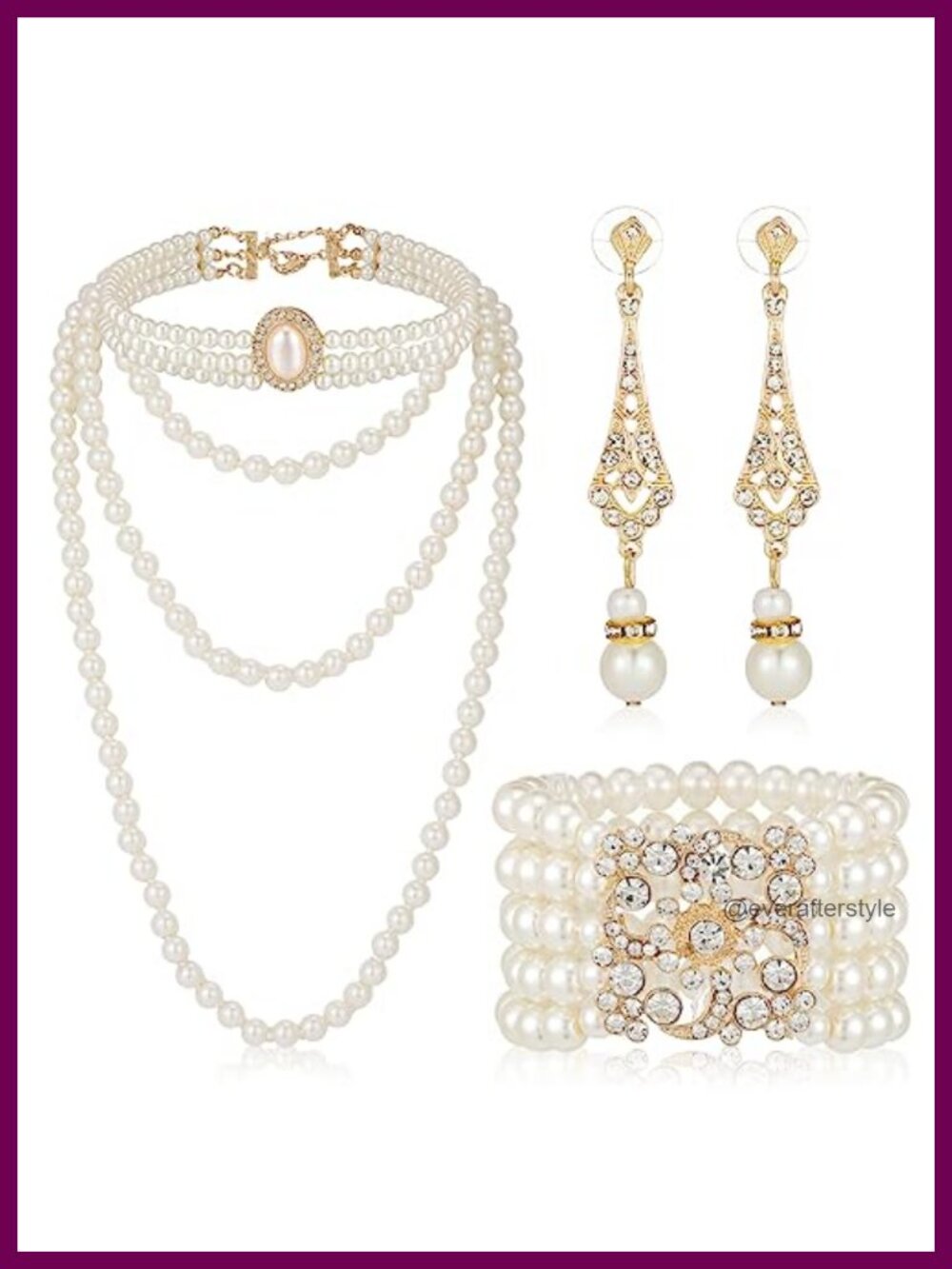 1920s Pearl Jewelry Set, 4 Piece with Necklaces, Bracelet, Earrings, Rhinestone